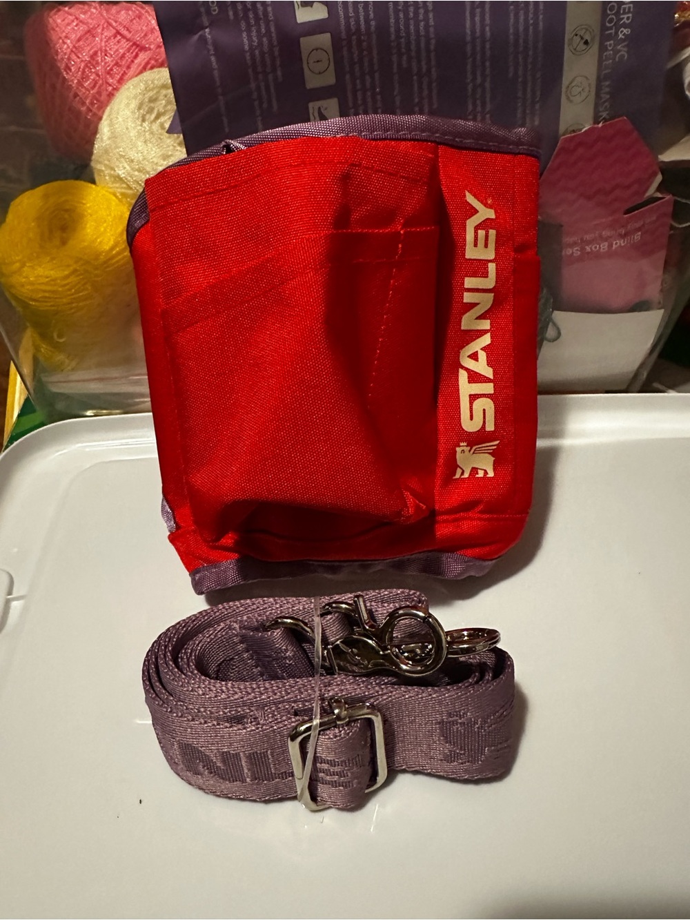 Stanley Red Carry Pouch with Lavender Strap